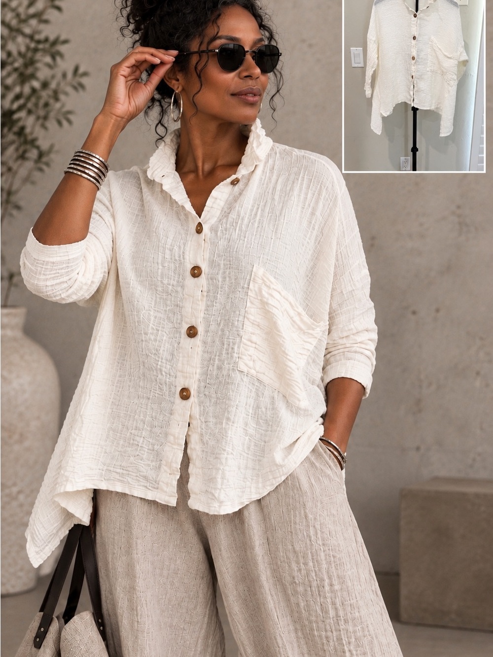 LUUKAA White Crinkle Gauze Lagenlook Asymmetrical Top